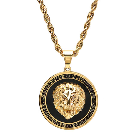 Greek Key Lion Head Pendant Necklace // Gold + Black