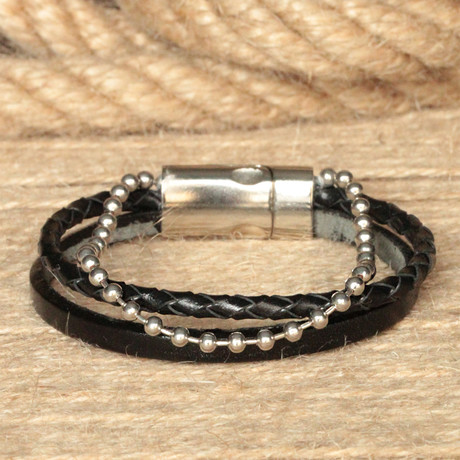 Bead + Braided Leather Bracelet // Black + Silver