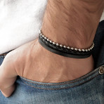 Bead + Braided Leather Bracelet // Black + Silver (Dark Brown)