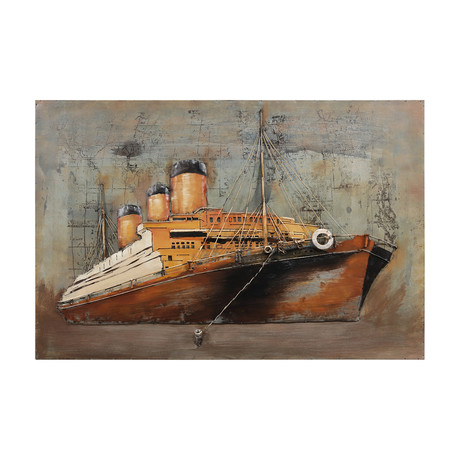 Brown Ship // Mixed Media Iron Hand Painted Dimensional Wall Art