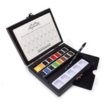 La Petite Aquarelle Black Wood + Sable Brush Set // Half Pan Watercolors // Set of 16 Colors