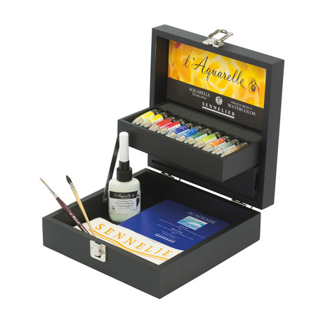 Black Wood Box + French Artist Watercolors + Sable Brush Set + Watercolor Pad + Masking Fluid