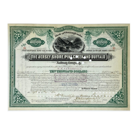 1882 William K, Frederick W, and Cornelius Vanderbilt II Signed Jersey Shore, Pine Creek, & Buffalo Railway $10,000 Bond (Signature Certified)