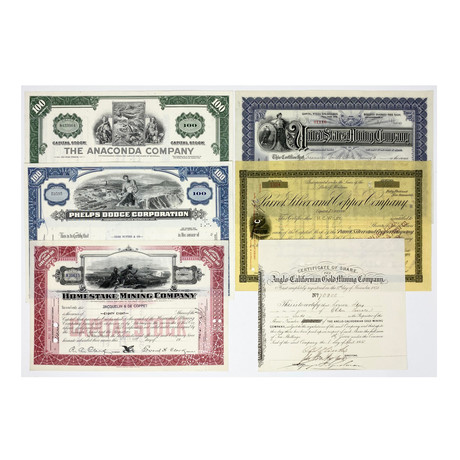 Mining Collection: Set of 6 American Mining Company Stock Certificates (1850's - 1970s)