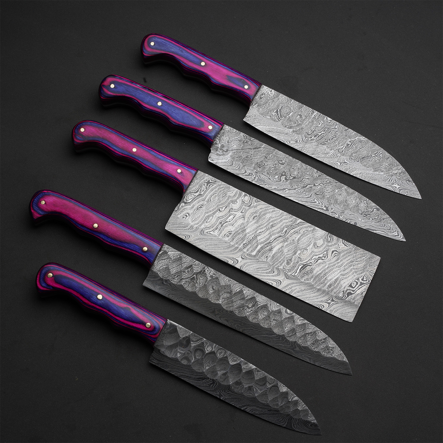 Hand Forged Damascus Knives // Set of 5 Pieces // Plum PakkaWood ...