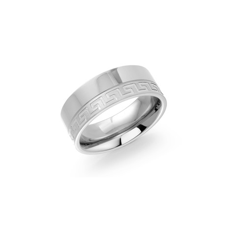 Brushed + Polished Greek Key Design Comfort Fit Ring // Silver (5)