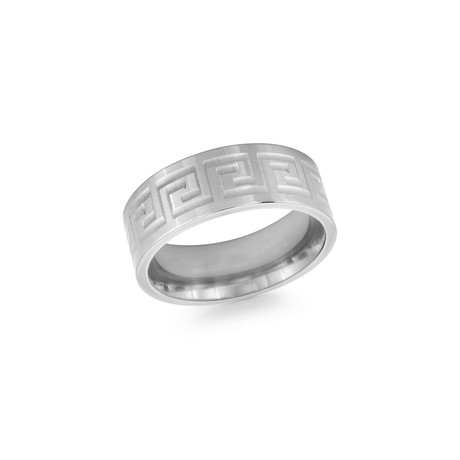 Polished + Brushed Greek Key Design Comfort Fit Ring // Silver (5)