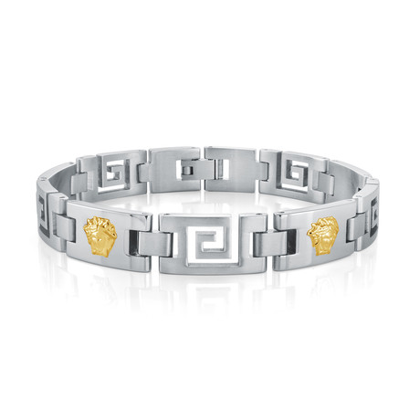 Lion Head Greek Key Bracelet // Silver + Gold