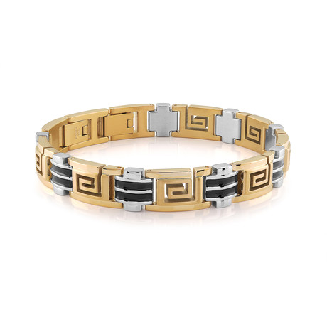 Greek Key Design Link Bracelet // 11mm // Gold + Silver + Black