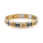 Greek Key Design Link Bracelet // 11mm // Gold + Silver + Black