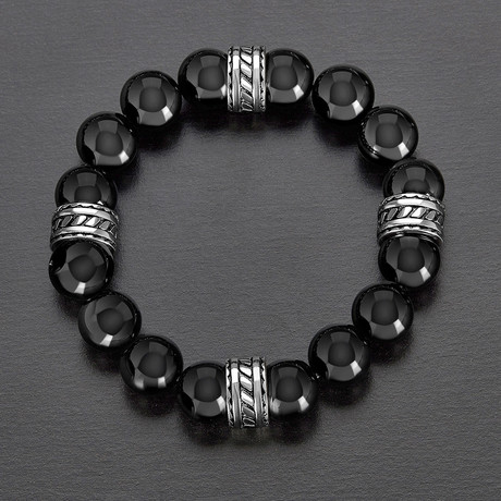 Stainless Steel + Natural Stone Beaded Bracelet // Black + Silver