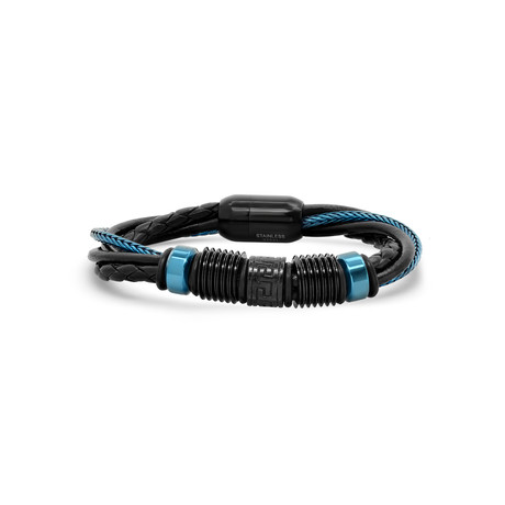 Braided Leather + Greek Key Stainless Steel Bracelet // Blue + Black