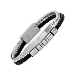 Double Layer Braided Leather + Stainless Steel Wheat Chain ID Bracelet // Silver + Black