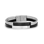 Double Layer Leather + Stainless Steel Wheat Chain ID Bracelet // Silver + Black
