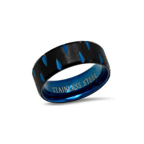 Two-Tone Stainless Steel Brushed Ring // Blue + Black (Size 9)