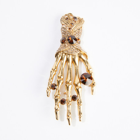 Bejeweled Skeleton Hand Jumbo Lapel Pin // Yellow