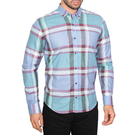 Griffin Slim Fit Button Down Shirt // Burgandy + Blue (S)
