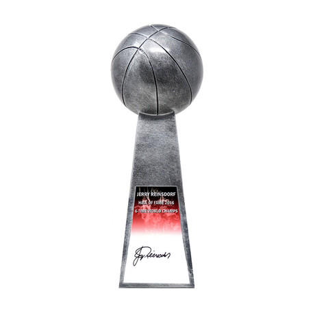 Jerry Reinsdorf // Signed Basketball World Champion 14" Replica Silver Trophy