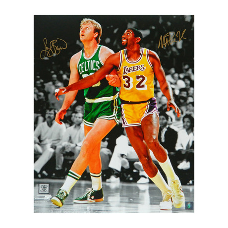 Larry Bird + Magic Johnson // Dual Signed Boston Celtics vs Los Angeles Lakers NBA Action Spotlight Photo // 16" x 20"