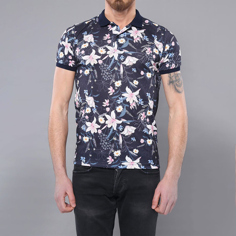Birch Floral Short Sleeve Polo Shirt // Navy (L)