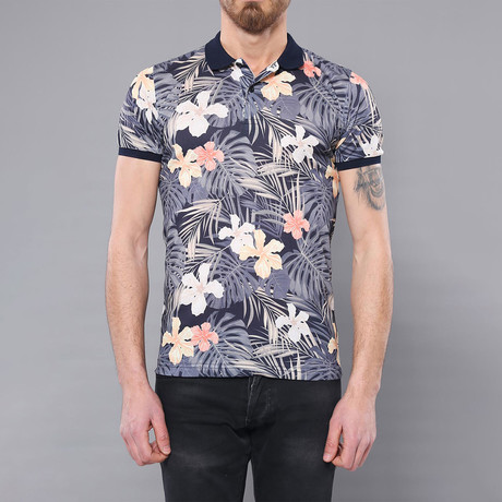 Tropical Floral Printed Polo Shirt // Dark Navy (2XL)