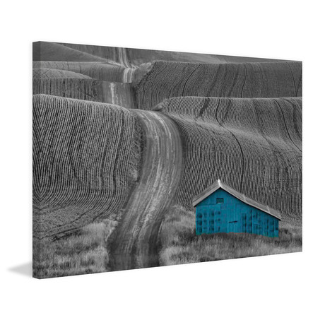 Blue Barn on a Country Road // Painting Print on Wrapped Canvas (12"W x 8"H x 1.5"D)