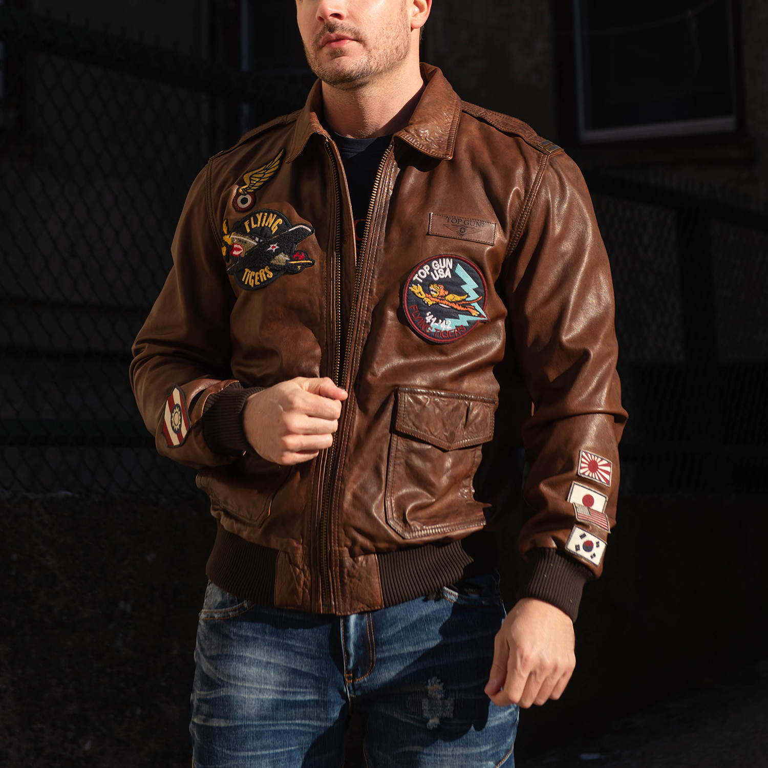 Top Gun® Flying Tigers Leather Jacket // Brown (XL) - Top Gun - Touch ...