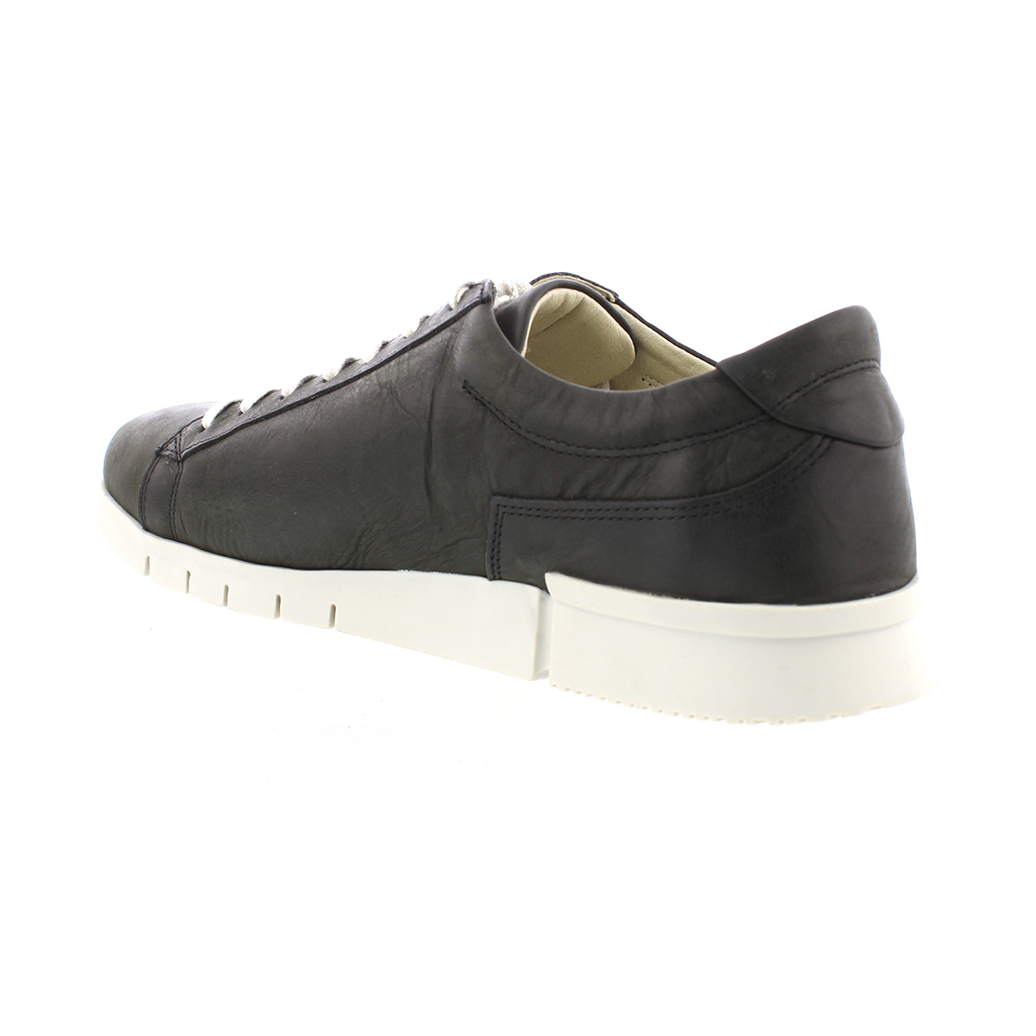 black leather sneaker with white sole