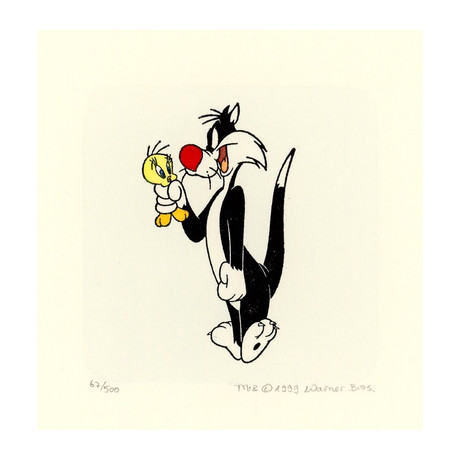 Sylvester & Tweety // Hand Painted Etching (Unframed)