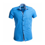 Solid Short Sleeve Button Down Shirt + Pattern Collar // Blue (3XL)