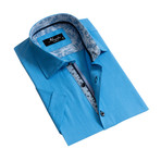 Solid Short Sleeve Button Down Shirt + Pattern Collar // Blue (XL)