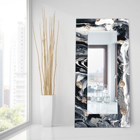 Ebony & Ivory Rectangular Beveled Mirror // Free Floating Printed Tempered Art Glass