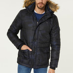 Hooded Camo Puffer Jacket // Navy Blue (L)