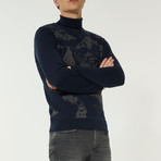 Nature Printed Turtleneck Sweater // Navy Blue (XL)