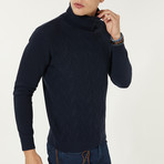 Wool Blend Cable Knit Turtleneck Sweater // Navy Blue (S)