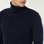 Wool Blend Cable Knit Turtleneck Sweater // Navy Blue (L)