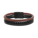 Steel Evolution // Braided Leather + Box Chain Triple Stranded Bracelet // Black + Brown