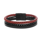 Steel Evolution // Braided Leather + Box Chain Triple Stranded Bracelet // Black + Burgundy