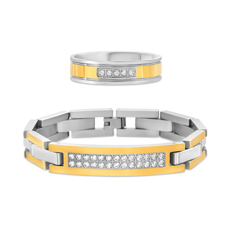 Steel Evolution // Cubic Zirconia Pave Curved Bar Bracelet + Ring Set // Yellow