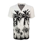 Palm Tree Print Camp Collar Short Sleeve Button Down Shirt // Ecru (S)