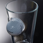 Golf Ball Pint Glass // Set of 2 Glasses + 2 Wooden Coasters