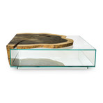 Crosscut Wood Weathered Finish Glass Box Coffee Table