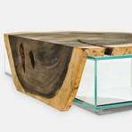 Crosscut Wood Weathered Finish Glass Box Coffee Table