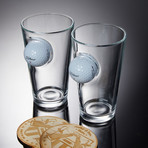 Golf Ball Pint Glass // Set of 2 Glasses + 2 Wooden Coasters