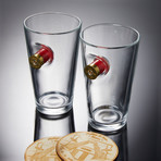 Shotgun Shell Pint Glass // Set of 2 Glasses + 2 Wooden Coasters