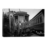 1910s-1920s 4 Men Conductors Motormen Public Transportation Transit Workers Posing In Front Of Trolley Car In Uniforms And Hats // Vintage Images