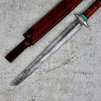 Damascus Sanmai Raindrop Tanto Sword // Turquoise // Leather Stacked Handle