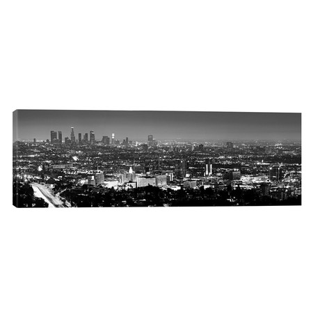 Los Angeles Panoramic Skyline Cityscape (Black & White - Night View) // Unknown Artist (60"W x 20"H x 0.75"D)