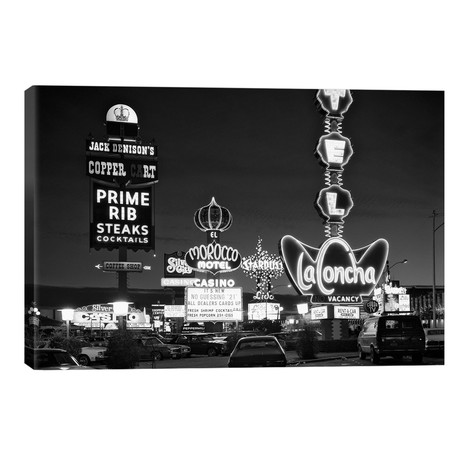 1980s Night Neon On The Strip For El Morocco La Concha Stardust Las Vegas Nevada USA // Vintage Images