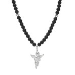 Angel Pendant + Lava Beaded Necklace // Black + Silver